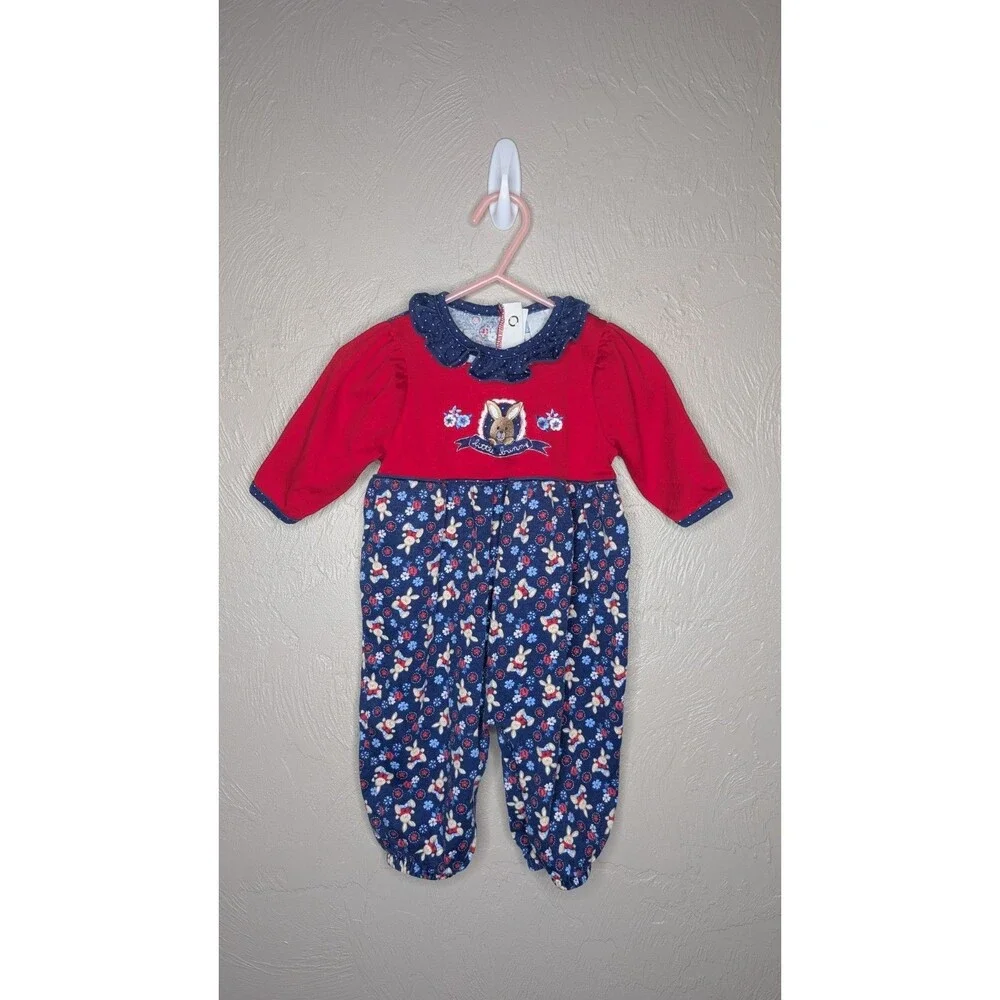 Vintage Healthtex Infant 6-9 Months Blue Red Little Bunny One Piece Jumper